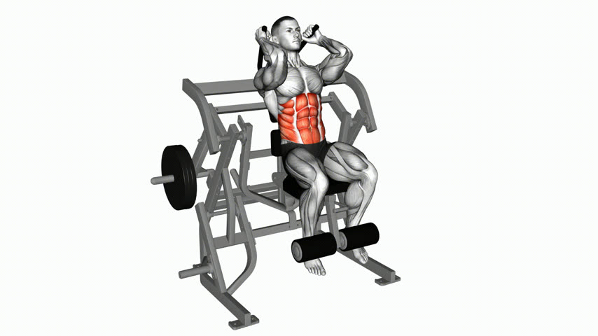 Abdominal Crunch com Elevação de Pernas Sentado na Máquina (com Anilhas)